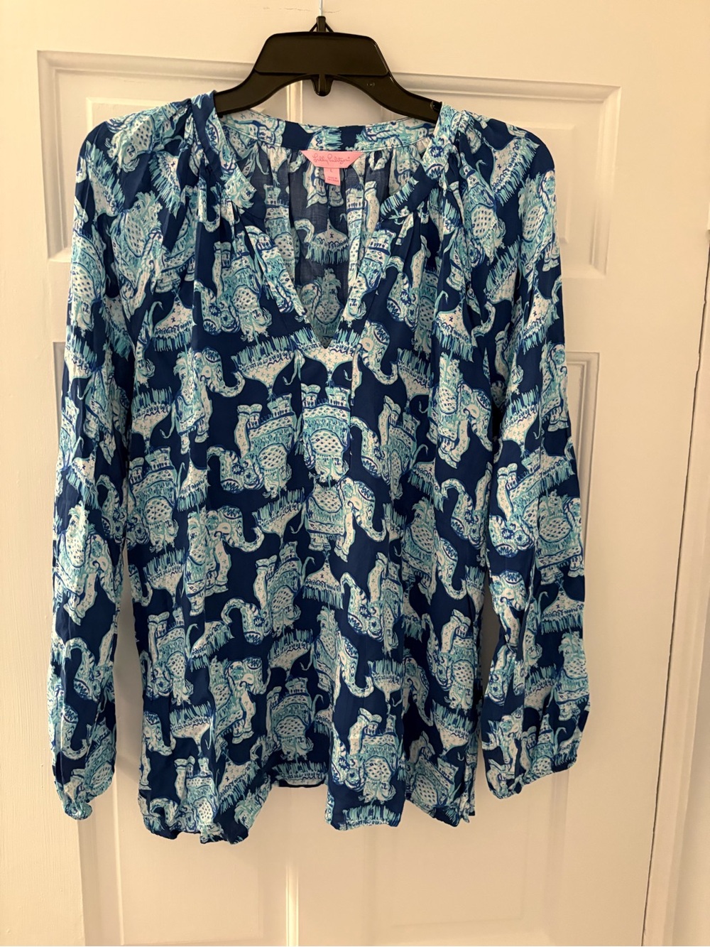 Lilly Pulitzer Women’s Blue Elephant Print Long-Sleeve Blouse